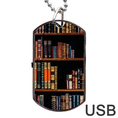 Assorted Title Of Books Piled In The Shelves Assorted Book Lot Inside The Wooden Shelf Dog Tag Usb Flash (one Side) by 99art