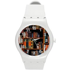 Assorted Title Of Books Piled In The Shelves Assorted Book Lot Inside The Wooden Shelf Round Plastic Sport Watch (m) by 99art