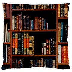 Assorted Title Of Books Piled In The Shelves Assorted Book Lot Inside The Wooden Shelf Large Cushion Case (two Sides) by 99art