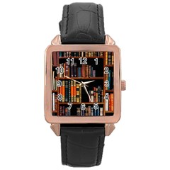 Assorted Title Of Books Piled In The Shelves Assorted Book Lot Inside The Wooden Shelf Rose Gold Leather Watch  by 99art