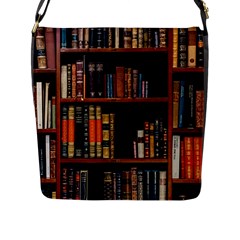 Assorted Title Of Books Piled In The Shelves Assorted Book Lot Inside The Wooden Shelf Flap Closure Messenger Bag (l) by 99art