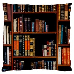 Assorted Title Of Books Piled In The Shelves Assorted Book Lot Inside The Wooden Shelf Large Premium Plush Fleece Cushion Case (one Side) by 99art