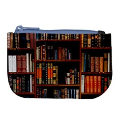 Assorted Title Of Books Piled In The Shelves Assorted Book Lot Inside The Wooden Shelf Large Coin Purse by 99art