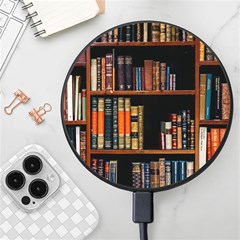 Assorted Title Of Books Piled In The Shelves Assorted Book Lot Inside The Wooden Shelf Wireless Fast Charger(black) by 99art