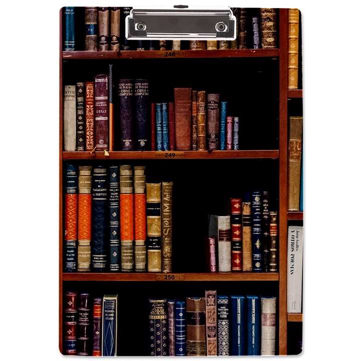 Assorted Title Of Books Piled In The Shelves Assorted Book Lot Inside The Wooden Shelf A4 Acrylic Clipboard