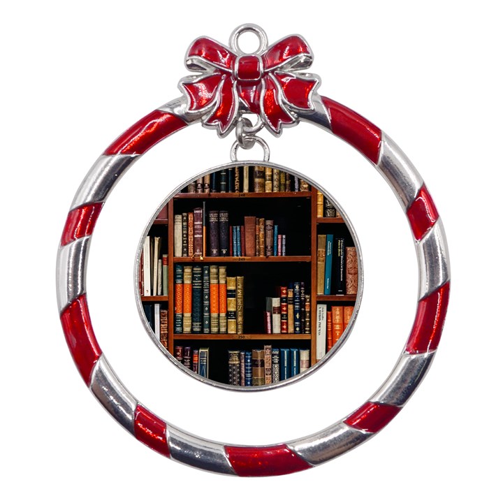 Assorted Title Of Books Piled In The Shelves Assorted Book Lot Inside The Wooden Shelf Metal Red Ribbon Round Ornament