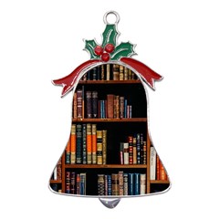 Assorted Title Of Books Piled In The Shelves Assorted Book Lot Inside The Wooden Shelf Metal Holly Leaf Bell Ornament by 99art