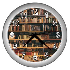 Books On Bookshelf Assorted Color Book Lot In Bookcase Library Wall Clock (silver) by 99art