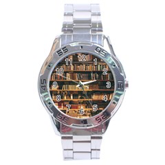 Books On Bookshelf Assorted Color Book Lot In Bookcase Library Stainless Steel Analogue Watch