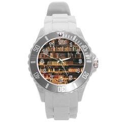 Books On Bookshelf Assorted Color Book Lot In Bookcase Library Round Plastic Sport Watch (L)