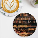 Books On Bookshelf Assorted Color Book Lot In Bookcase Library UV Print Round Tile Coaster Front