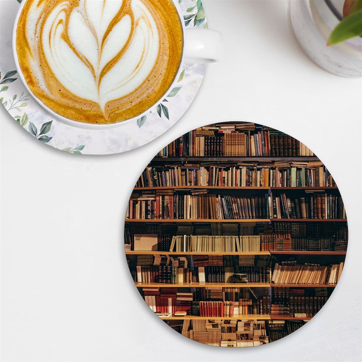 Books On Bookshelf Assorted Color Book Lot In Bookcase Library UV Print Round Tile Coaster