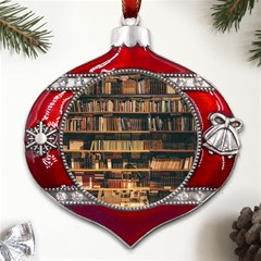 Books On Bookshelf Assorted Color Book Lot In Bookcase Library Metal Snowflake And Bell Red Ornament