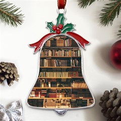 Books On Bookshelf Assorted Color Book Lot In Bookcase Library Metal Holly Leaf Bell Ornament by 99art