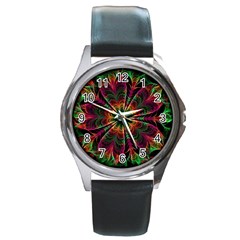 Multicolored Flower Mandala Wallpaper Kaleidoscope Pattern Round Metal Watch by 99art