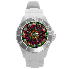 Multicolored Flower Mandala Wallpaper Kaleidoscope Pattern Round Plastic Sport Watch (l) by 99art