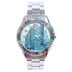 Architecture Blue Drawing Engineering City Modern Building Exterior Stainless Steel Analogue Watch by 99art