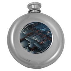 Architectural Design Abstract 3d Neon Glow Industry Round Hip Flask (5 Oz) by 99art