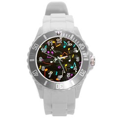 Assorted Color Musical Notes Wallpaper Fabric Round Plastic Sport Watch (l) by 99art