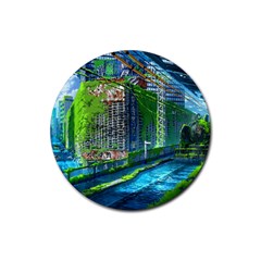 Anime Landscape Apocalyptic Ruins Water City Cityscape Rubber Round Coaster (4 Pack) by 99art