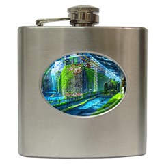 Anime Landscape Apocalyptic Ruins Water City Cityscape Hip Flask (6 Oz) by 99art