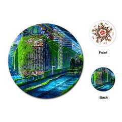 Anime Landscape Apocalyptic Ruins Water City Cityscape Playing Cards Single Design (round) by 99art