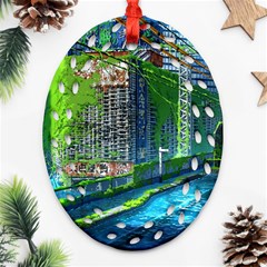 Anime Landscape Apocalyptic Ruins Water City Cityscape Ornament (oval Filigree) by 99art