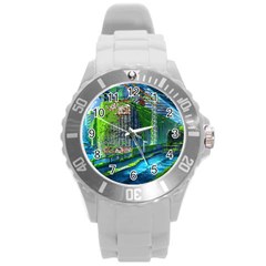 Anime Landscape Apocalyptic Ruins Water City Cityscape Round Plastic Sport Watch (l) by 99art