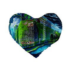 Anime Landscape Apocalyptic Ruins Water City Cityscape Standard 16  Premium Heart Shape Cushions by 99art