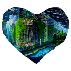 Anime Landscape Apocalyptic Ruins Water City Cityscape Large 19  Premium Flano Heart Shape Cushions by 99art