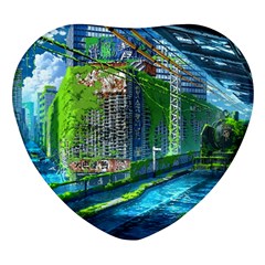 Anime Landscape Apocalyptic Ruins Water City Cityscape Heart Glass Fridge Magnet (4 Pack) by 99art