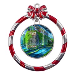 Anime Landscape Apocalyptic Ruins Water City Cityscape Metal Red Ribbon Round Ornament