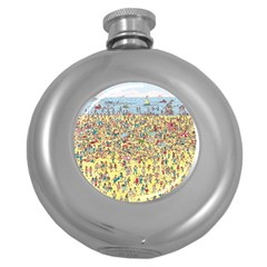 Waldo Cartoon Where s Wally Water Sky Sea Day Nature Round Hip Flask (5 Oz) by 99art