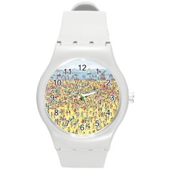 Waldo Cartoon Where s Wally Water Sky Sea Day Nature Round Plastic Sport Watch (m) by 99art