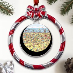 Waldo Cartoon Where s Wally Water Sky Sea Day Nature Metal Red Ribbon Round Ornament by 99art