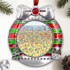 Waldo Cartoon Where s Wally Water Sky Sea Day Nature Metal X mas Ribbon With Red Crystal Round Ornament by 99art