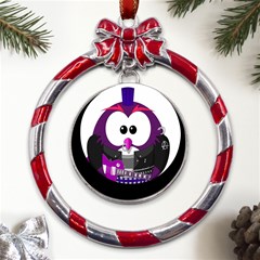 Bird-music-animation-animal Metal Red Ribbon Round Ornament by 99art