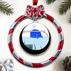 Wal-fish-small-world-lake-sea Metal Red Ribbon Round Ornament by 99art