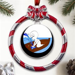 Spirit-boat-funny-comic-graphic Metal Red Ribbon Round Ornament by 99art