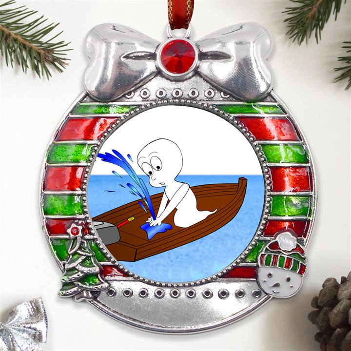 Spirit-boat-funny-comic-graphic Metal X Mas Ribbon With Red Crystal Round Ornament