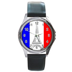 Eiffel-tower-france-flag-tower- Round Metal Watch by 99art