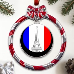 Eiffel-tower-france-flag-tower- Metal Red Ribbon Round Ornament by 99art