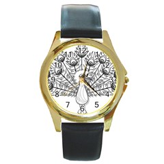 Peacock-plumage-display-bird Round Gold Metal Watch