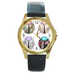 Ladybug-flower-pattern-shabby-chic Round Gold Metal Watch