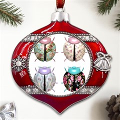 Ladybug-flower-pattern-shabby-chic Metal Snowflake And Bell Red Ornament by 99art