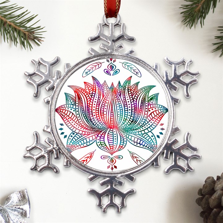 Lotus Feathers Boho Watercolor Metal Large Snowflake Ornament