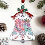 Lotus Feathers Boho Watercolor Metal Holly Leaf Bell Ornament Front