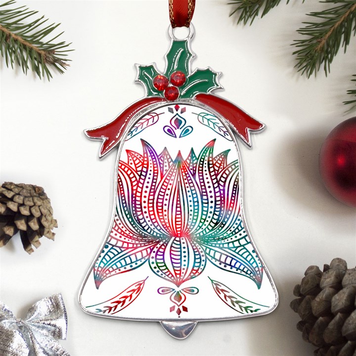 Lotus Feathers Boho Watercolor Metal Holly Leaf Bell Ornament