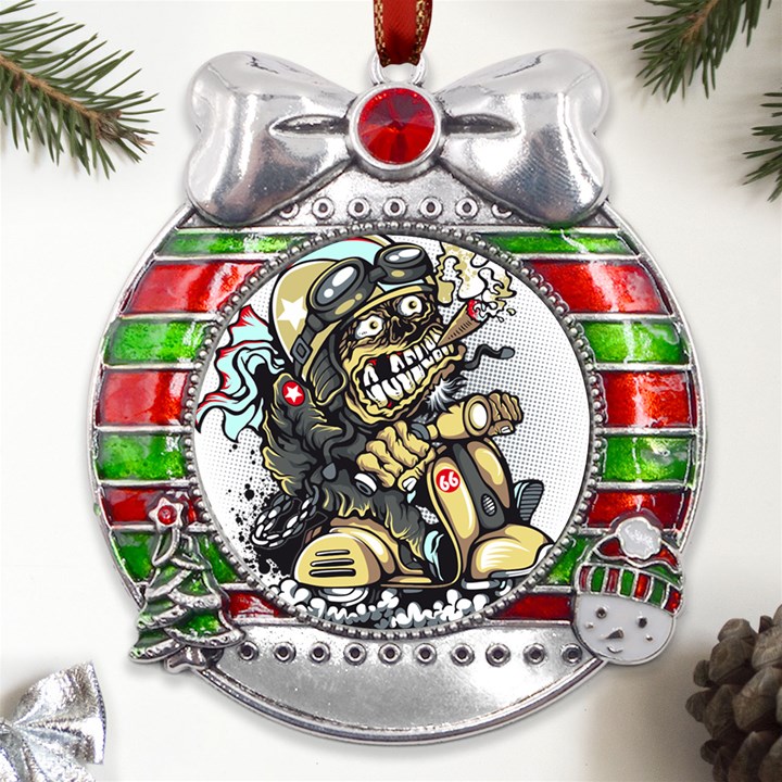 Scooter-motorcycle-boot-cartoon-vector Metal X Mas Ribbon With Red Crystal Round Ornament