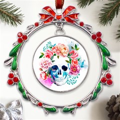 Day Of The Dead Skull Art Metal X mas Wreath Ribbon Ornament